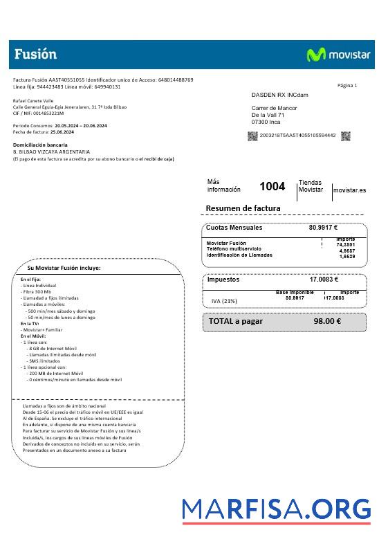 Realistic Spain Movistar Fusion telecom operator business utility bill document in Word and PDF formats template